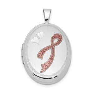 925 Sterling Silver Pink Enamel Ribbon 19mm Oval Locket Cancer Awareness Pendant